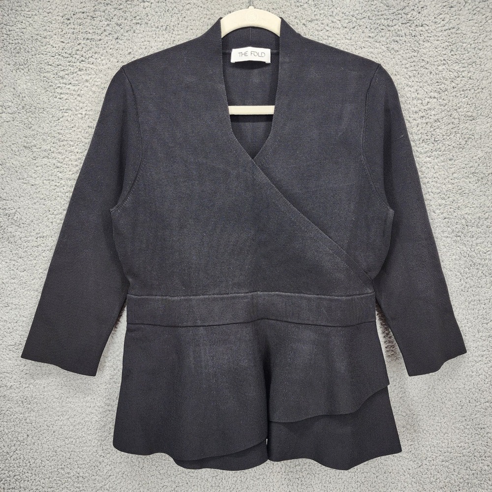 The Fold London Black Knit Faux Wrap Peplum Top 3/4 Sleeve Size L Viscose Blend‎